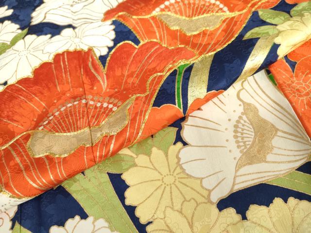 平和屋着物●豪華振袖　駒刺繍　草花文　金彩　正絹　逸品　AABM5557cs