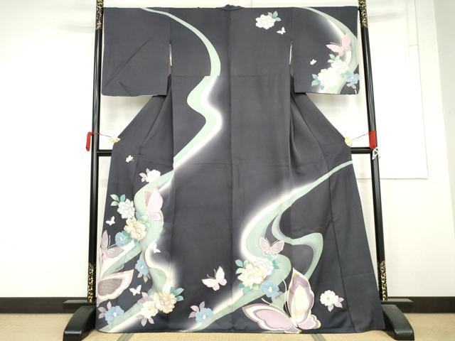 平和屋着物●訪問着　駒刺繍　流水花蝶文　暈し染め　金彩　正絹　逸品　AABM5558cs