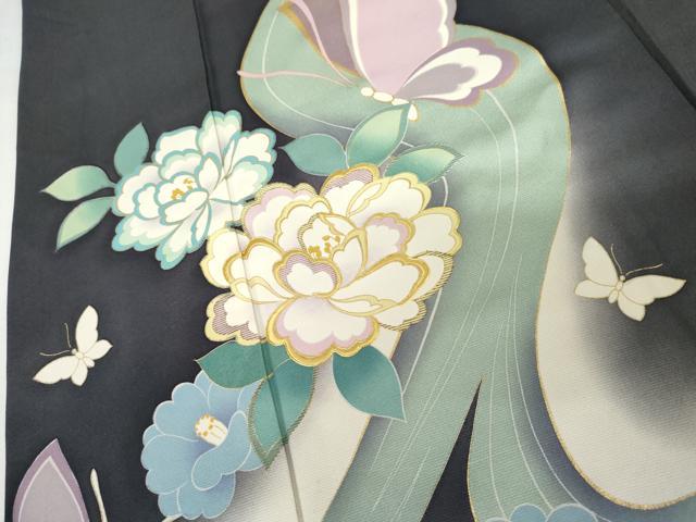 平和屋着物●訪問着　駒刺繍　流水花蝶文　暈し染め　金彩　正絹　逸品　AABM5558cs