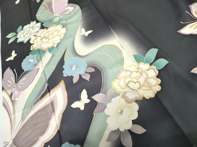 平和屋着物●訪問着　駒刺繍　流水花蝶文　暈し染め　金彩　正絹　逸品　AABM5558cs
