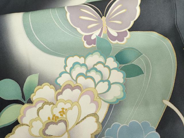 平和屋着物●訪問着　駒刺繍　流水花蝶文　暈し染め　金彩　正絹　逸品　AABM5558cs