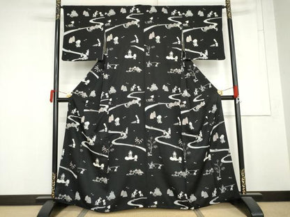 平和屋着物●訪問着　日本昔話　黒地　正絹　逸品　AABM5560cs