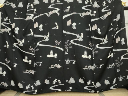 平和屋着物●訪問着　日本昔話　黒地　正絹　逸品　AABM5560cs