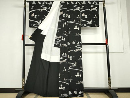 平和屋着物●訪問着　日本昔話　黒地　正絹　逸品　AABM5560cs
