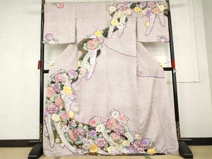 平和屋着物●訪問着　絞り　草花文　金彩　ロング丈　正絹　逸品　AABM5567cs