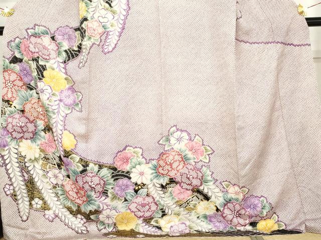 平和屋着物●訪問着　絞り　草花文　金彩　ロング丈　正絹　逸品　AABM5567cs