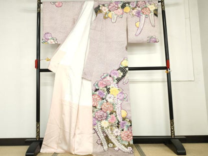 平和屋着物●訪問着　絞り　草花文　金彩　ロング丈　正絹　逸品　AABM5567cs