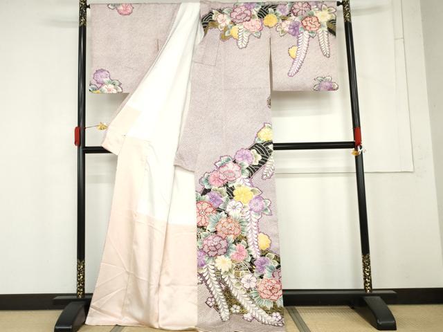 平和屋着物●訪問着　絞り　草花文　金彩　ロング丈　正絹　逸品　AABM5567cs