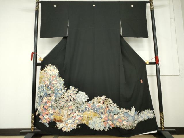 平和屋着物●本加賀友禅作家　直江良三　黒留袖　飛鳥草花文　正絹　逸品　AABM5583cs