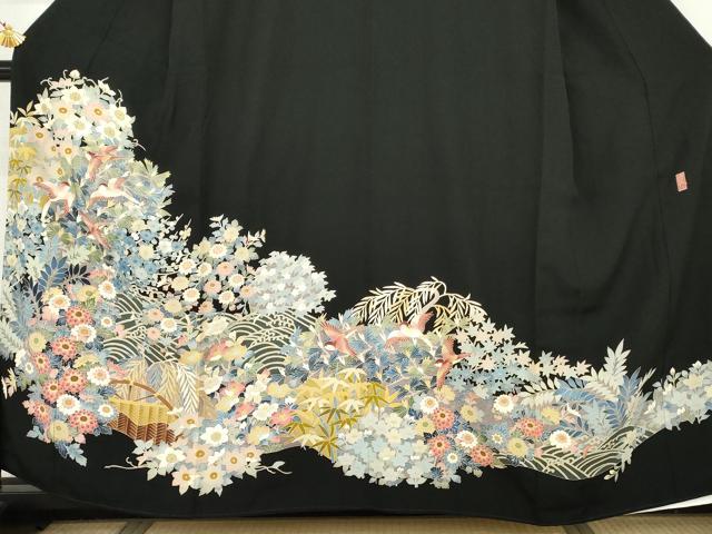 平和屋着物●本加賀友禅作家　直江良三　黒留袖　飛鳥草花文　正絹　逸品　AABM5583cs