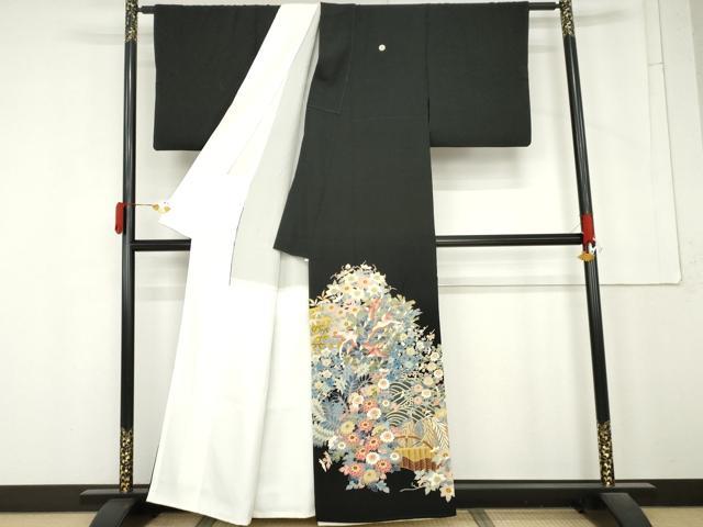 平和屋着物●本加賀友禅作家　直江良三　黒留袖　飛鳥草花文　正絹　逸品　AABM5583cs