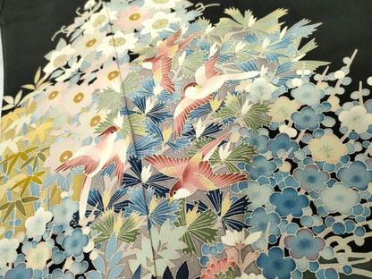平和屋着物●本加賀友禅作家　直江良三　黒留袖　飛鳥草花文　正絹　逸品　AABM5583cs
