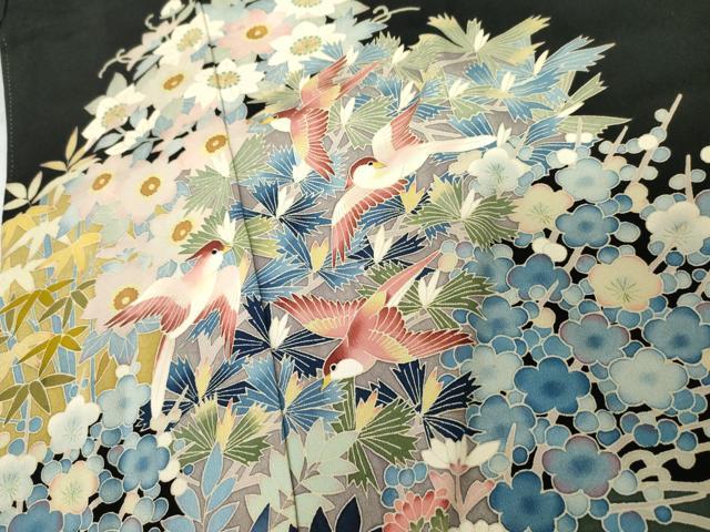 平和屋着物●本加賀友禅作家　直江良三　黒留袖　飛鳥草花文　正絹　逸品　AABM5583cs