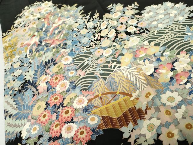 平和屋着物●本加賀友禅作家　直江良三　黒留袖　飛鳥草花文　正絹　逸品　AABM5583cs