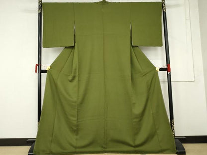 平和屋着物●上質な色無地　霞地紋　草色　ロング丈　正絹　逸品　未使用　AABM5588cs