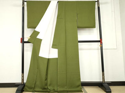 平和屋着物●上質な色無地　霞地紋　草色　ロング丈　正絹　逸品　未使用　AABM5588cs