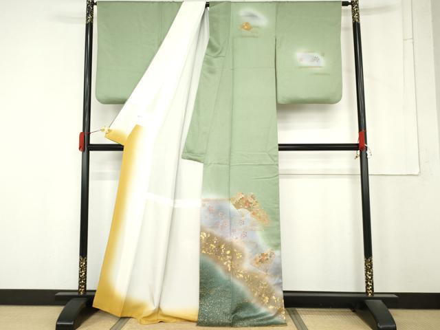 平和屋着物●中国三大刺繍　汕頭刺繍　スワトウ刺繍　訪問着　扇面花文　暈し染め　金彩　やまと誂製　正絹　逸品　AABM5595cs
