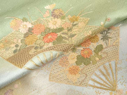 平和屋着物●中国三大刺繍　汕頭刺繍　スワトウ刺繍　訪問着　扇面花文　暈し染め　金彩　やまと誂製　正絹　逸品　AABM5595cs