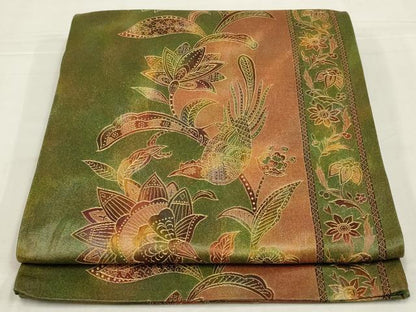 平和屋着物◎六通柄袋帯　更紗花鳥文　引箔　正絹　逸品　AABM5602ou