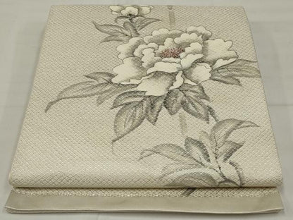 平和屋着物◎太鼓柄袋帯　作家物　手描き　枝花文　銀糸　正絹　逸品　AABM5614ou