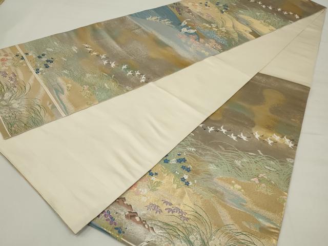 平和屋着物◎六通柄袋帯　唐織　飛鶴草花文　金糸　正絹　逸品　AABM5615ou