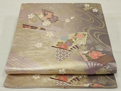 平和屋着物◎六通柄袋帯　唐織　扇面花文　金糸　正絹　逸品　AABM5616ou