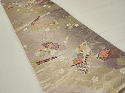 平和屋着物◎六通柄袋帯　唐織　扇面花文　金糸　正絹　逸品　AABM5616ou