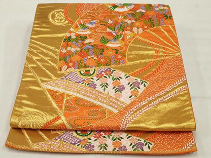 平和屋着物◎六通柄袋帯　唐織　鴛鴦に扇面　金糸　正絹　逸品　AABM5619ou