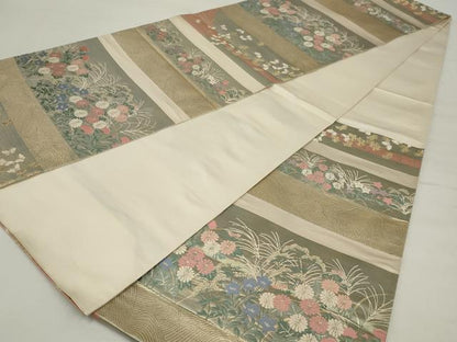 平和屋着物◎六通柄袋帯　唐織　横段花文　金糸　正絹　逸品　AABM5628ou