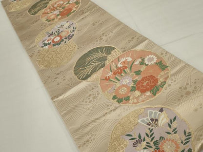 平和屋着物◎六通柄袋帯　唐織　花丸文　金糸　正絹　逸品　AABM5632ou