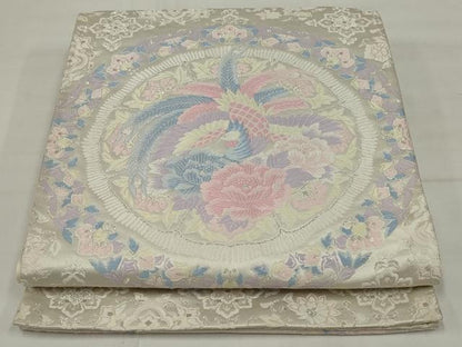 平和屋着物◎六通柄袋帯　唐織　鳳凰花絵皿文　銀糸　正絹　逸品　AABM5636ou