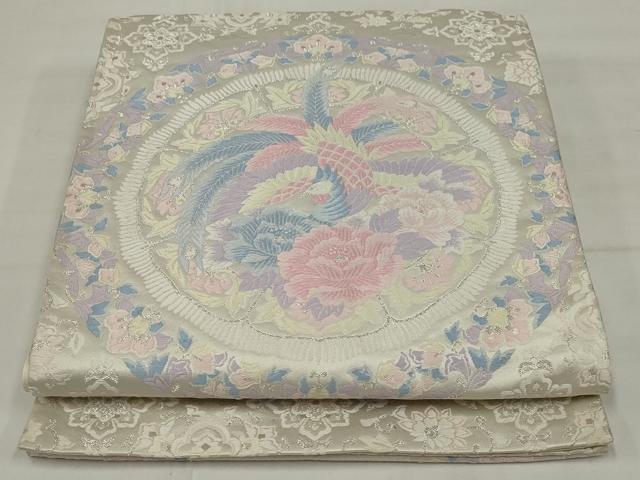 平和屋着物◎六通柄袋帯　唐織　鳳凰花絵皿文　銀糸　正絹　逸品　AABM5636ou