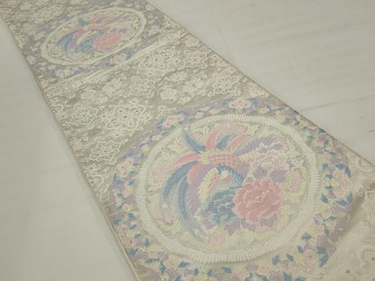 平和屋着物◎六通柄袋帯　唐織　鳳凰花絵皿文　銀糸　正絹　逸品　AABM5636ou