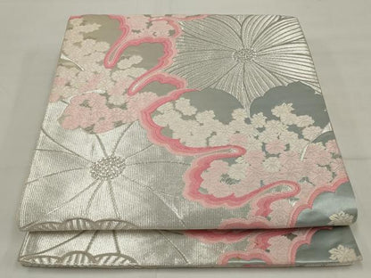 平和屋着物◎六通柄袋帯　唐織　花尽くし　銀糸　正絹　逸品　AABM5638ou