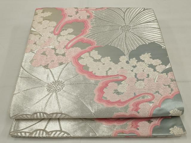 平和屋着物◎六通柄袋帯　唐織　花尽くし　銀糸　正絹　逸品　AABM5638ou
