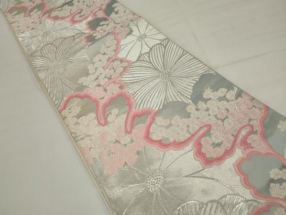 平和屋着物◎六通柄袋帯　唐織　花尽くし　銀糸　正絹　逸品　AABM5638ou