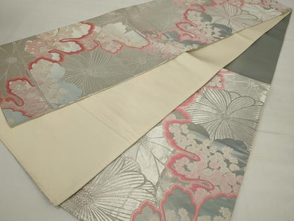 平和屋着物◎六通柄袋帯　唐織　花尽くし　銀糸　正絹　逸品　AABM5638ou