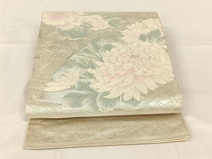 平和屋着物◎太鼓柄袋帯　唐織　地紙草花文　銀糸　正絹　逸品　AABM5648dk