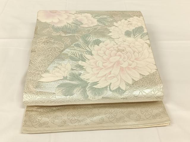 平和屋着物◎太鼓柄袋帯　唐織　地紙草花文　銀糸　正絹　逸品　AABM5648dk