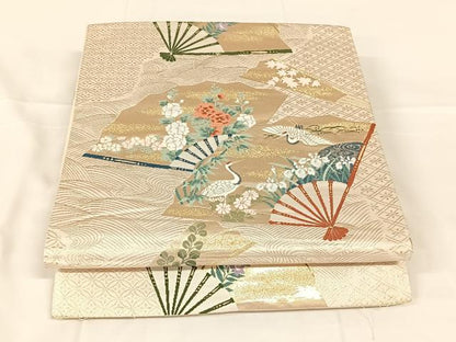 平和屋着物◎六通柄袋帯　唐織　扇面飛鶴文　金糸　正絹　逸品　AABM5650dk