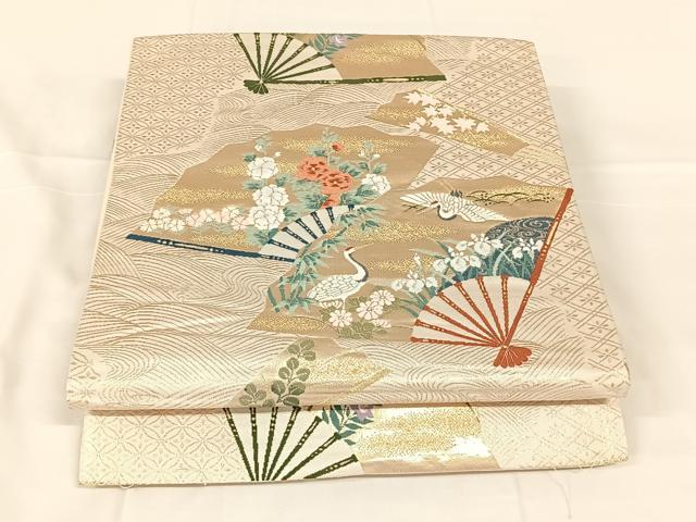 平和屋着物◎六通柄袋帯　唐織　扇面飛鶴文　金糸　正絹　逸品　AABM5650dk