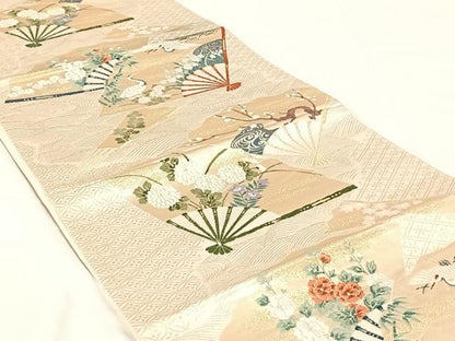 平和屋着物◎六通柄袋帯　唐織　扇面飛鶴文　金糸　正絹　逸品　AABM5650dk