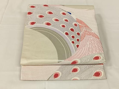 平和屋着物◎六通柄袋帯　唐織　孔雀文　銀糸　正絹　逸品　AABM5652dk
