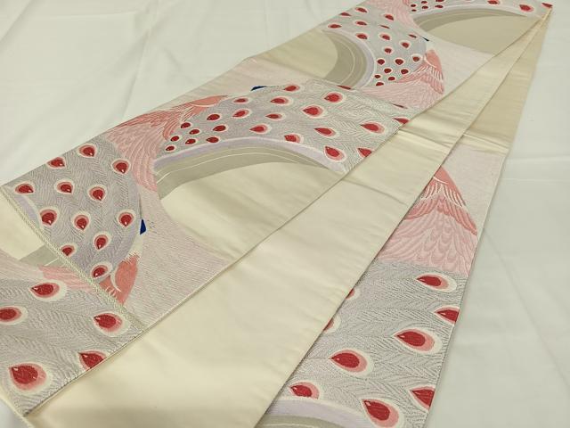 平和屋着物◎六通柄袋帯　唐織　孔雀文　銀糸　正絹　逸品　AABM5652dk
