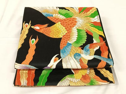 平和屋着物◎六通柄袋帯　唐織　飛鳥文　鳳凰　黒地　金銀糸　正絹　逸品　AABM5653dk