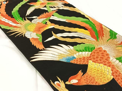 平和屋着物◎六通柄袋帯　唐織　飛鳥文　鳳凰　黒地　金銀糸　正絹　逸品　AABM5653dk