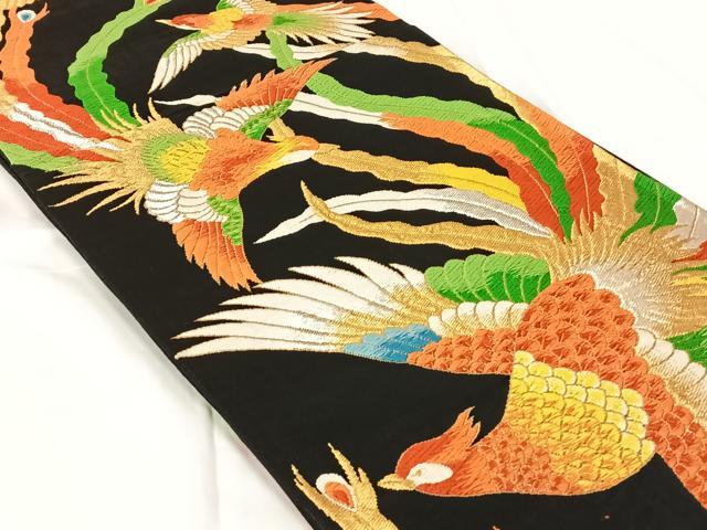 平和屋着物◎六通柄袋帯　唐織　飛鳥文　鳳凰　黒地　金銀糸　正絹　逸品　AABM5653dk