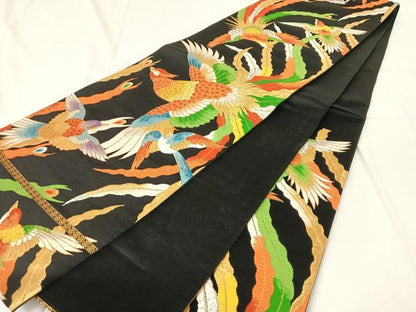 平和屋着物◎六通柄袋帯　唐織　飛鳥文　鳳凰　黒地　金銀糸　正絹　逸品　AABM5653dk