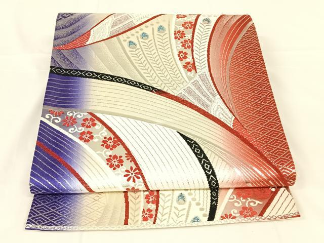平和屋着物◎六通柄袋帯　孔雀羽文　銀糸　正絹　逸品　AABM5657dk