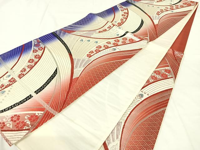 平和屋着物◎六通柄袋帯　孔雀羽文　銀糸　正絹　逸品　AABM5657dk
